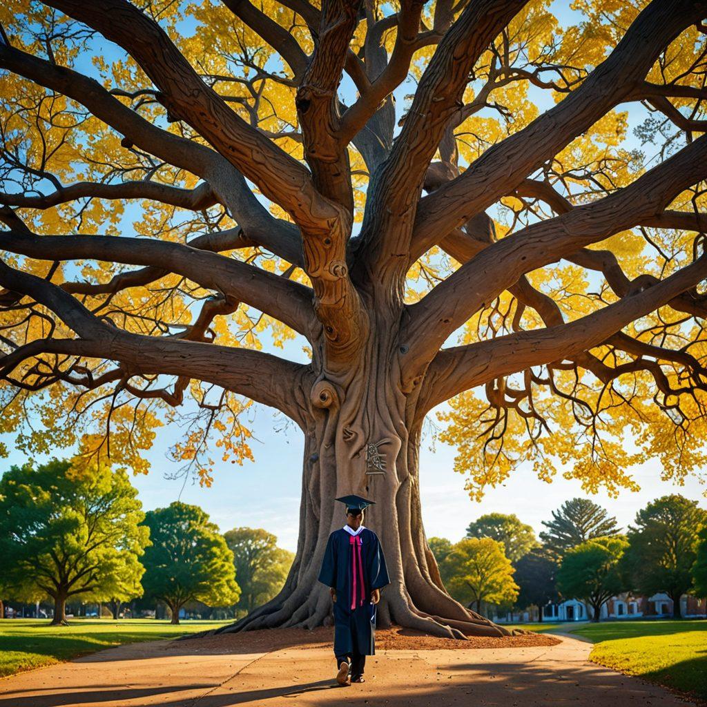 A determined scholar standing at the base of a magnificent tree with branches forming pathways, each adorned with academic symbols like books, graduation caps, and research tools. A radiant horizon represents endless opportunities. Hyper-detailed, inspirational, vibrant colors.
