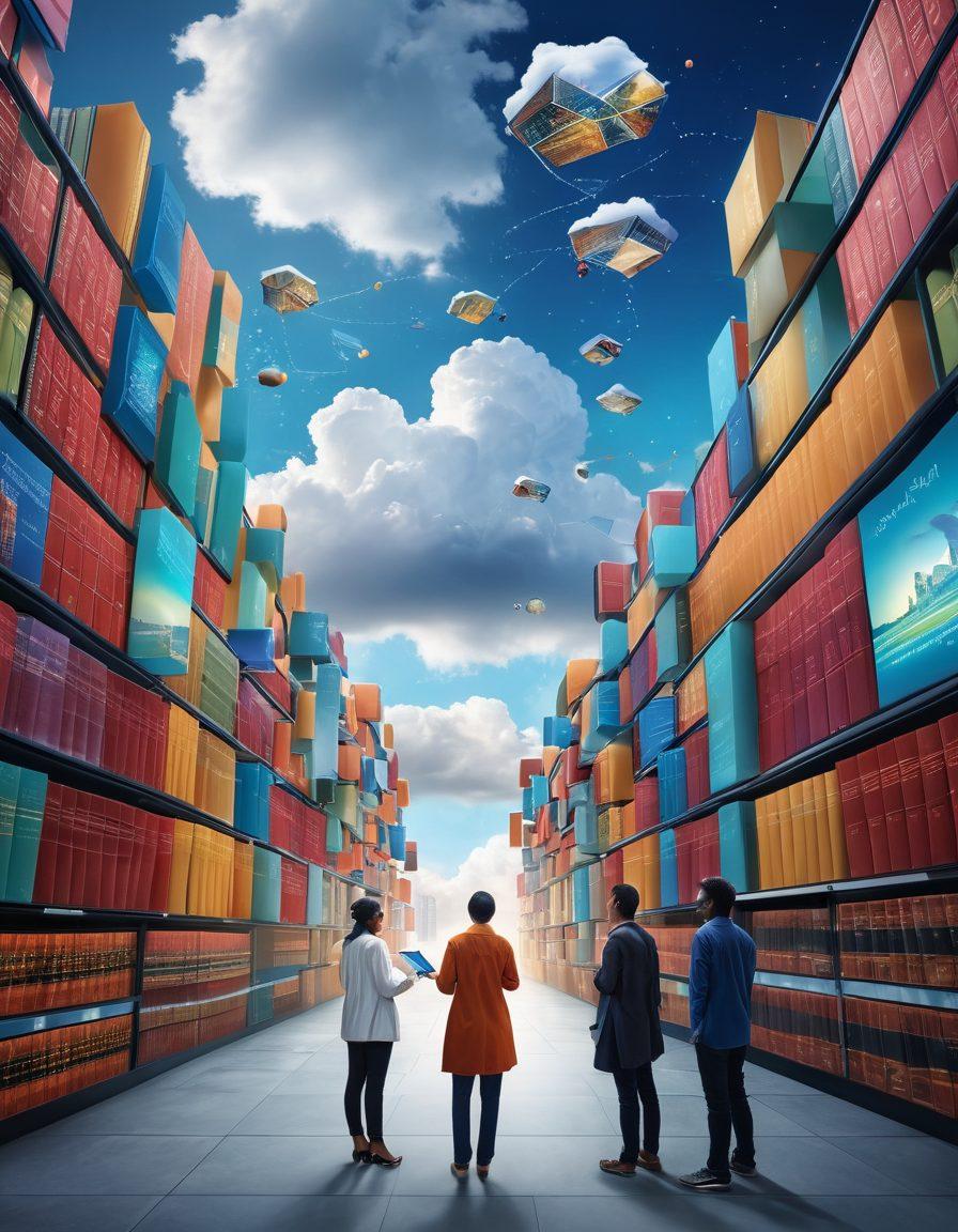 A diverse group of PhD students of various ethnicities and disciplines, deeply engaged in scholarly research. Background filled with globally recognized university buildings and research labs, interspersed with stacks of scholarly books and digital screens displaying data analysis. In the sky, vibrant scholarships and research project certificates are floating like clouds, symbolizing aspirations and achievements. super-realistic. vibrant colors.