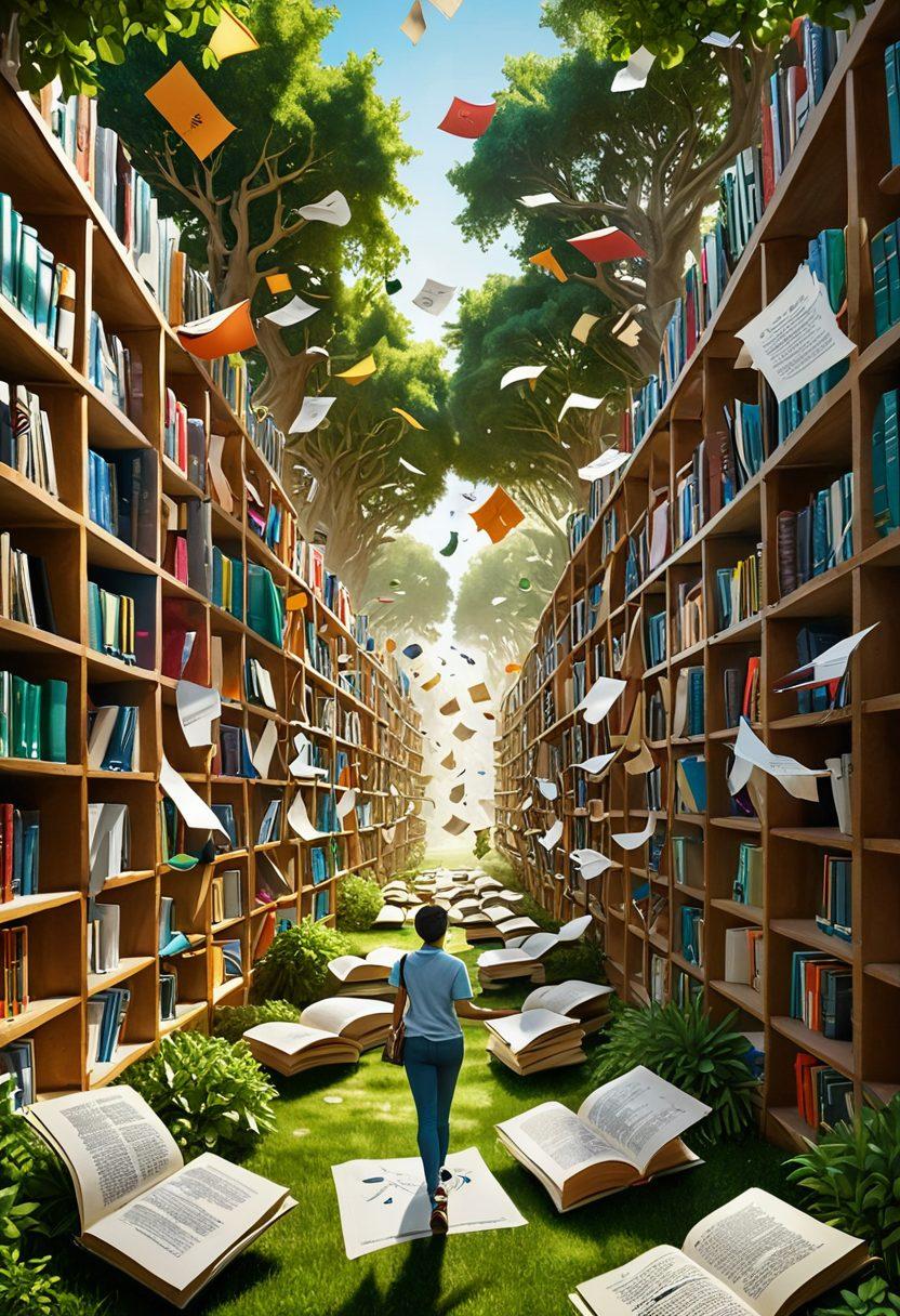 A diverse group of students navigating through a labyrinth made of academic books and diplomas, with dollar signs and scholarship certificates floating in the air. The labyrinth is set within a university campus, full of lush greenery and academic buildings. Colorful paths and arrows guide them towards a bright light labeled 'Success'. 3D, vibrant colors, super-realistic.